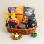 Festive Gift Basket with Healthy Snacks, Earphones, Candle & Decor-For Diwali Gifting