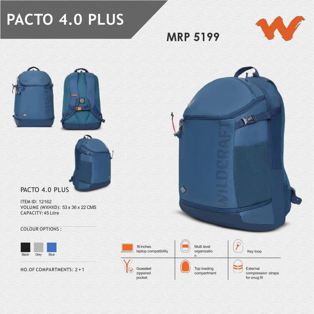 01054e62b656ed62fb10f8b02ff23a85.webp Wildcraft Pacto 4.0 Plus Backpack-12162 MRP 5199 - Image 1
