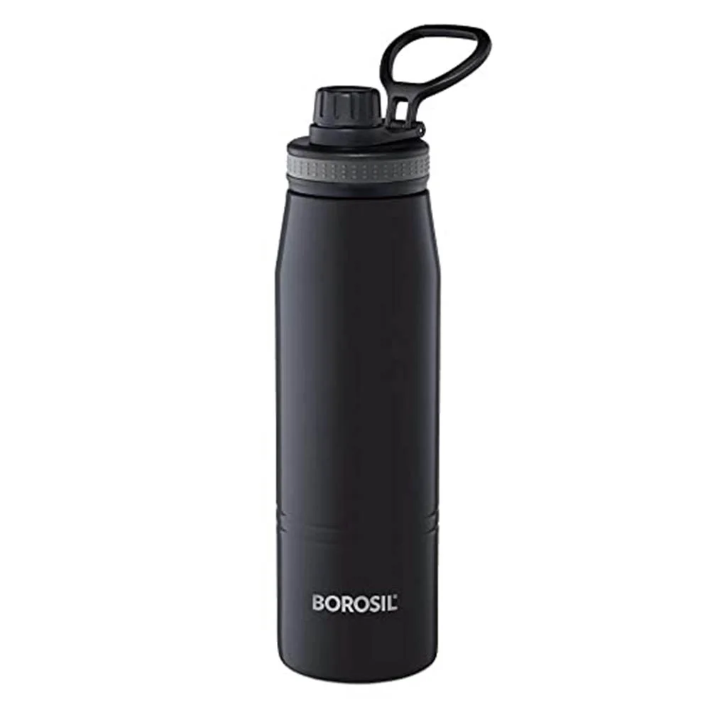 0522bcfb6c40ac5553762fd2e8ad0d71.webp BOROSIL GOSPORTS BLACK STAINLESS STEEL BOTTLE - 600 ML - Image 1