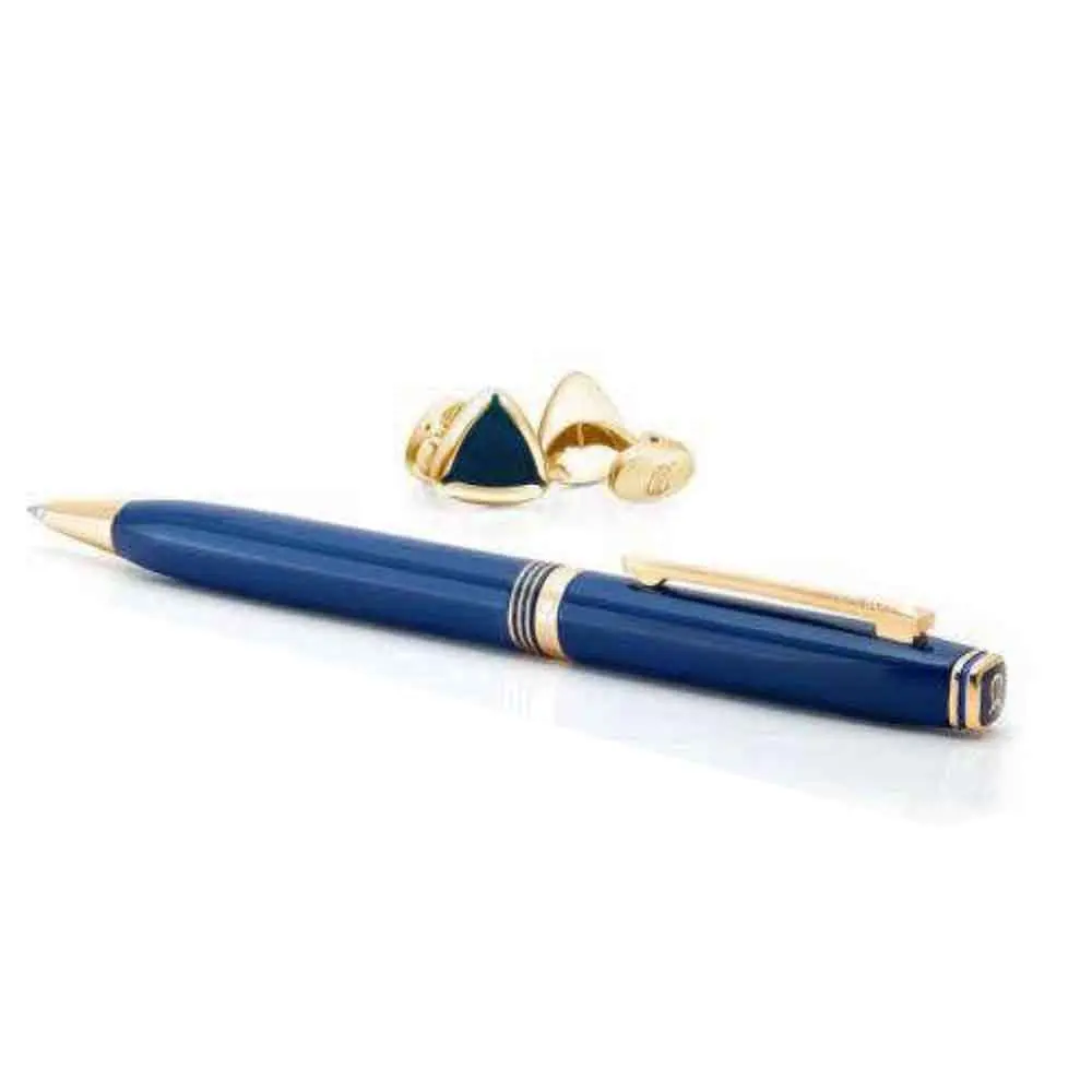 16d2c3643f7aed50e12b307e616e41c2.webp Contemporary Ball Point Pen with Shard Cufflinks in Blue & Gold - Image 1