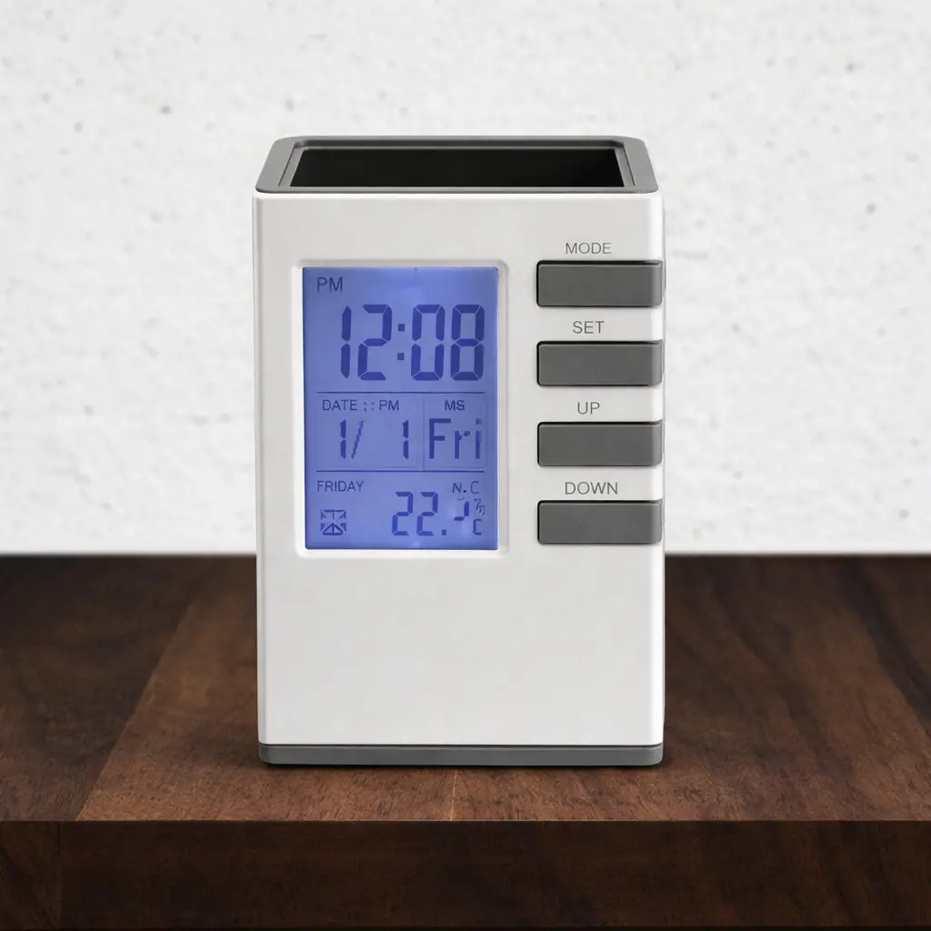 1adcf115b0c57d4b27e7109f1da9a239.webp Digital Pen Holder with LED Clock & Temperature Display - Image 1