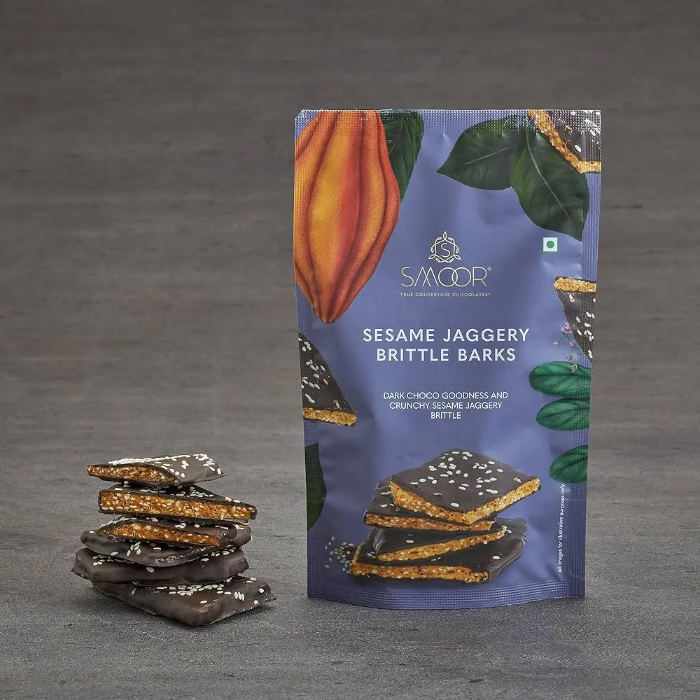 1ce0a7f8a47eadff7ff3720325ca4e32.webp Smoor Chocolates - CHOCOLATE BARKS - SESAME JAGGERY BRITTLE BARKS - MRP 400 - Image 1