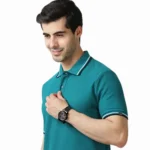 MARKS & SPENCERS POLO NECK AQUA BLUE T-SHIRT - COTTON PLAIN WITH TIPPING-MRP-1899