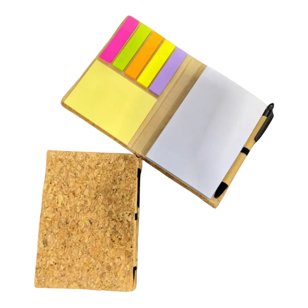 454c9e5bef15663fe808977b1a3b9b23.webp Cork Cover A6 Memo pad with Sticky Notes and Pen - M015 - Image 1