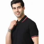 MARKS & SPENCERS POLO NECK BLACK T-SHIRT -COTTON PLAIN WITH TIPPING-MRP-1899