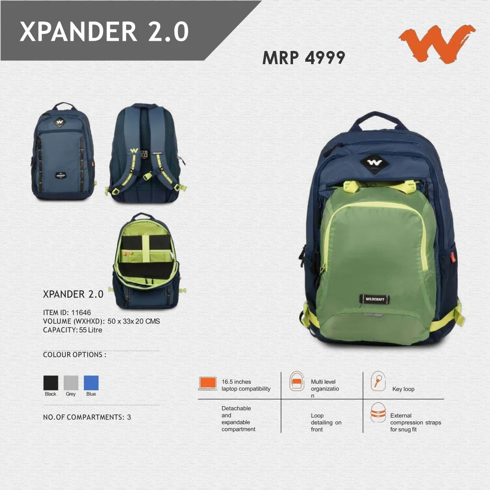 5410e26e5cf39be13e43876a25e8a09e.webp Wildcraft Xpander 2.0 Backpack- 11646 MRP 4999 - Image 1
