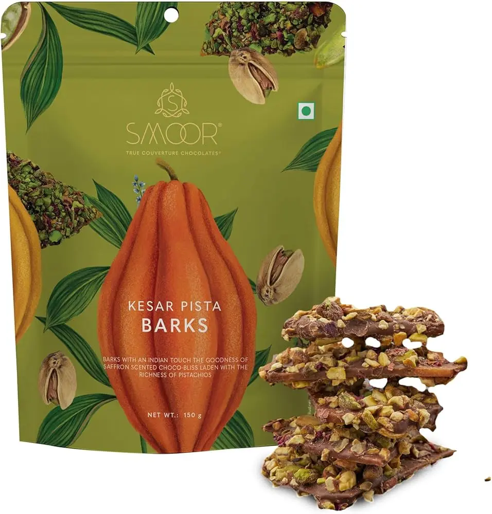 55ef05452f86b54844969ad6ce7ee634.webp Smoor Chocolates - CHOCOLATE BARKS - KESAR PISTA BARKS - MRP 530 - Image 1