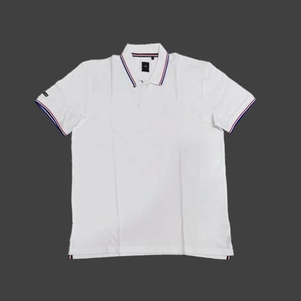 5b023959625fc47bc9cf70d4ec49db45.webp ARROW POLO T-SHIRT - WHITE WITH RED AND BLUE TIPPING COLOUR-MRP-1299 - Image 1