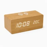 Wooden Digital Alarm Clock with LED Display & Wireless Charging