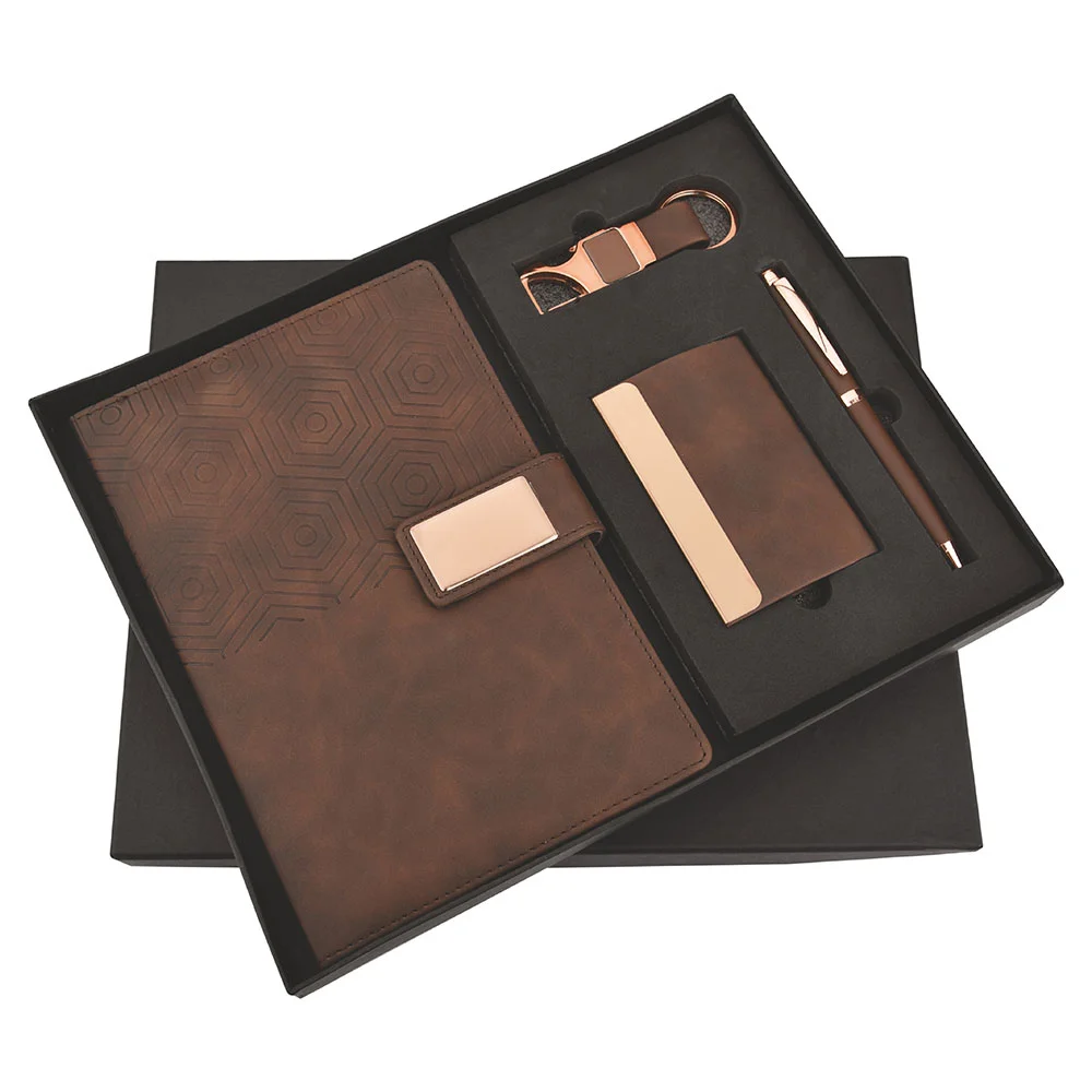 61772af36f1306525b68d47fb355d9ab.webp FTJ - Sr 163 - Hexa Rosegold 4 in 1 Pen, Diary, Cardholder & Keychain - Image 1