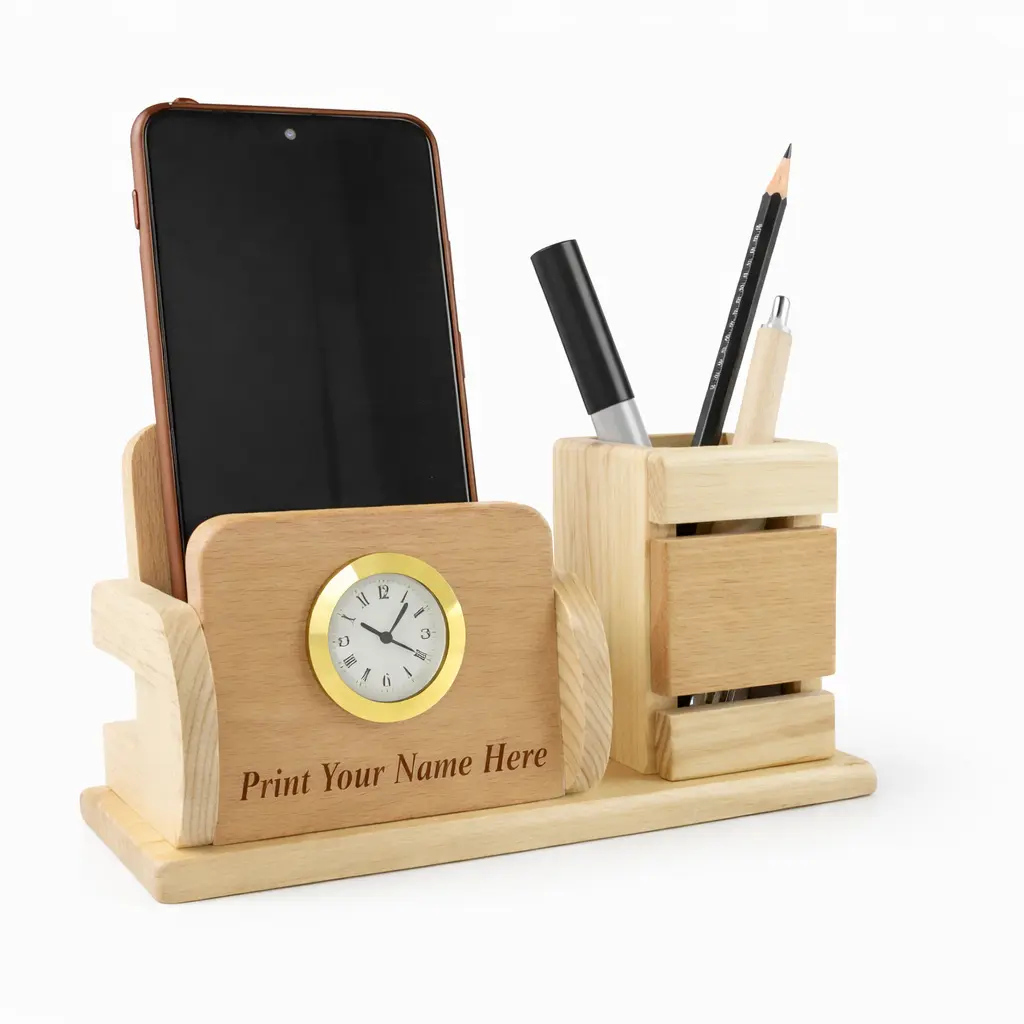 68602229b762c7b3b985818623883e4f.webp Wooden Desk Organizer with Mobile Holder & Clock - Image 1