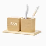 Bamboo Pen Stand with Digital Clock & LED Display
