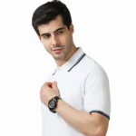 MARKS & SPENCERS POLO NECK WHITE T-SHIRT -COTTON PLAIN WITH TIPPING-1899