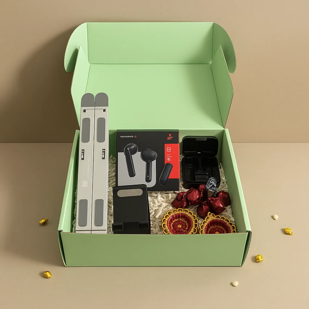 86338c434d20f921a04bc069e0731886.webp Tech-Themed Diwali Corporate Gift Box | Earbuds, Laptop Stand & Festive Treats for Employees - Image 1