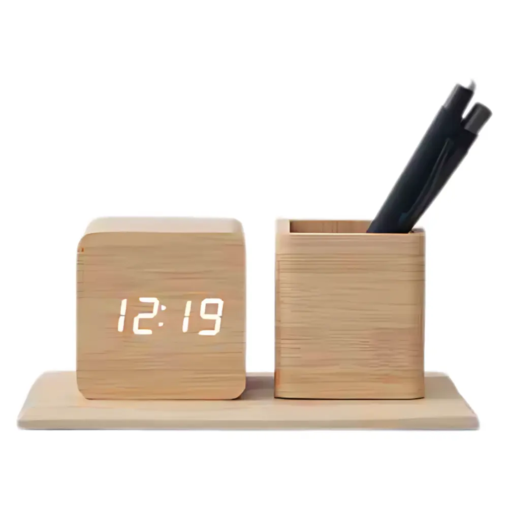 8a89d5463af504c6679cd8bbabf7b32a.webp Wooden Pen Stand with LED Clock - MG - 996 - Image 1