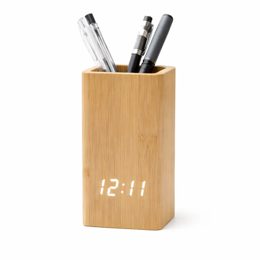 922eec5f4a6ae582f2ed2c4a8472bb34.webp Bamboo Pen Stand with LED Digital Clock - Image 1