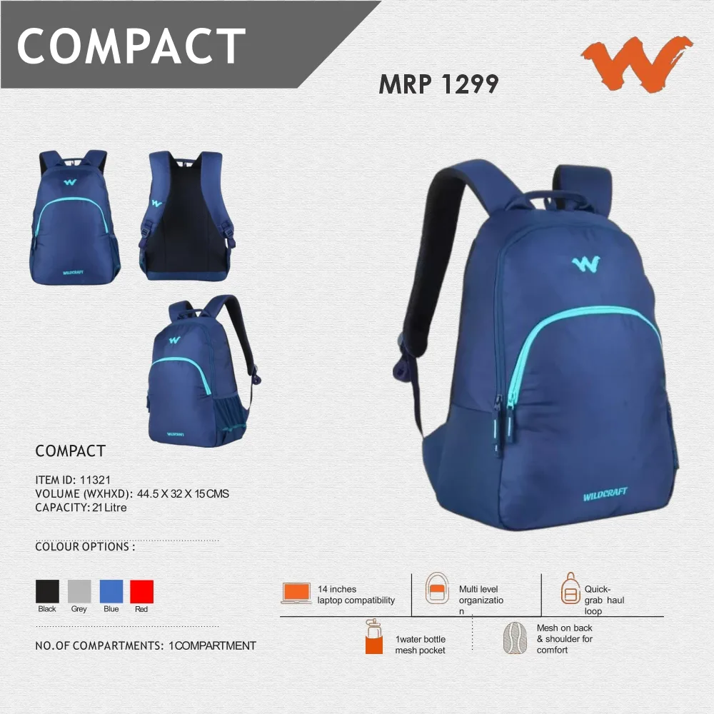 9a0bf3105078babe20b1b295e29947bc.webp Wildcraft Compact Backpack- 11321 MRP 1299 - Image 1