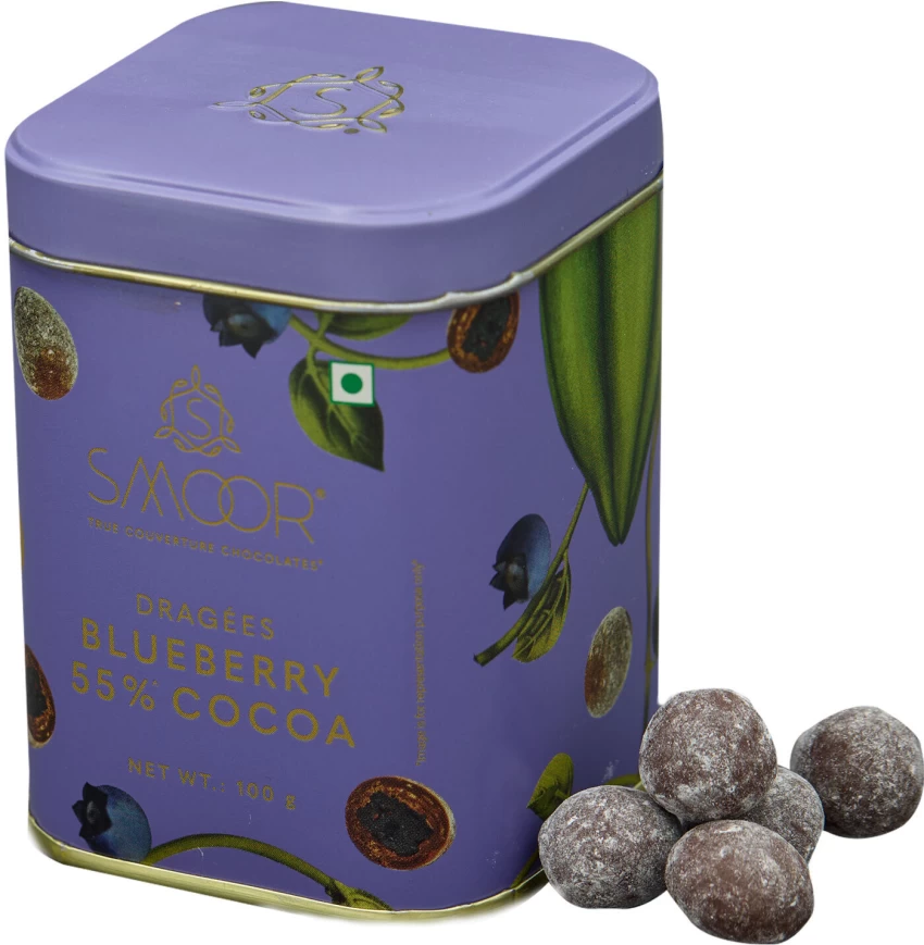 b03ec4b3f673092c482b9f1d77e0a3da.webp Smoor Chocolates - DRAGÉES - BLUEBERRY 55% COCOA MRP 600 - Image 1