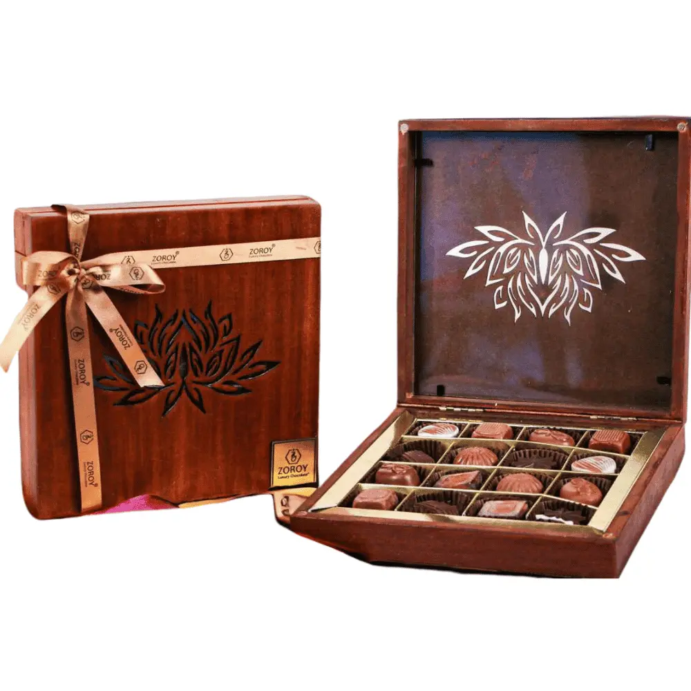 b2fcfa4d1627748302667bdafbd6cc68.webp ZOROY - Pure wooden box with a beautiful laser cut design - Diwali Gift Box with 9 chocolates - Image 1