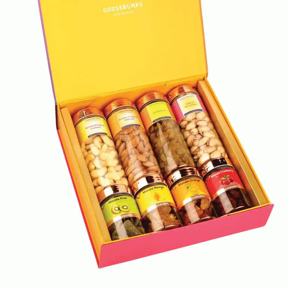 b7a25cac7b9be6234cbfe6dfe5d790ac.webp Goosebumps - Carnival Gift Box of 4 Dry Fruits & 4 Masala Fruits - Image 1