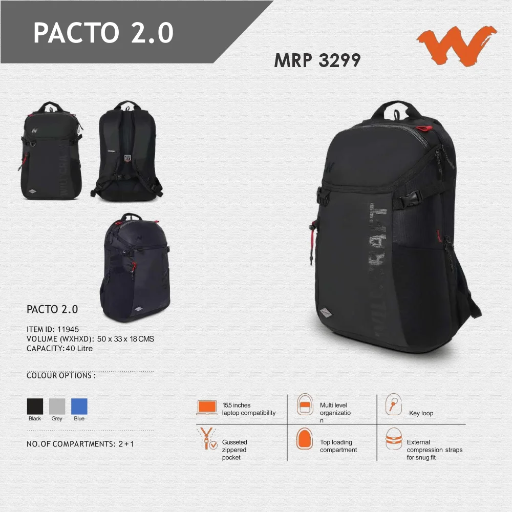 b87b67dcdf0a6eed50b4c0f2e9d3c541.webp Wildcraft Pacto 2.0 Backpack- 11945 MRP 3299 - Image 1