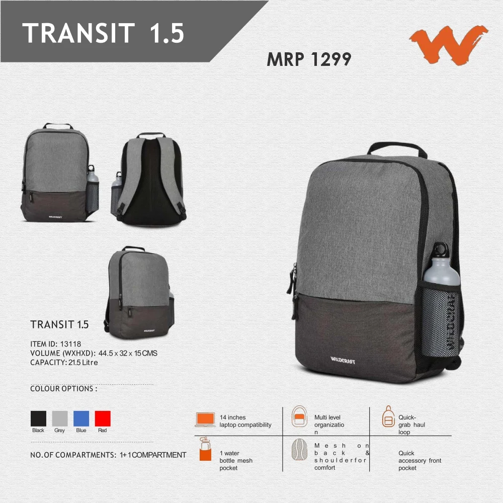 ba3558667ae1500b95fb49bda2ee9232.webp Wildcraft Transit 1.5 Backpack - 13118 MRP 1299 - Image 1