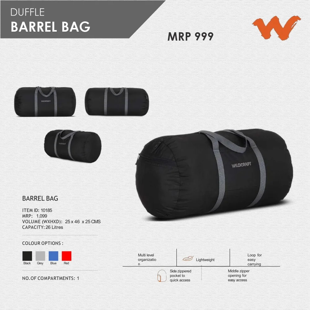 c0e43ffb51c096203800edbf09acf4d4.webp Wildcraft Barrel Bag -10185 MRP 999 - Image 1