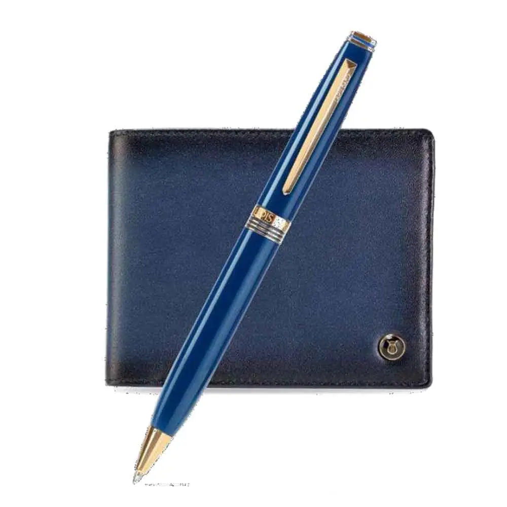 dda04eee0eed8b6e07289a0ef1e4388c.webp Contemporary Blue Gold Trims Ballpoint Pen With Blue Wallet - Image 1
