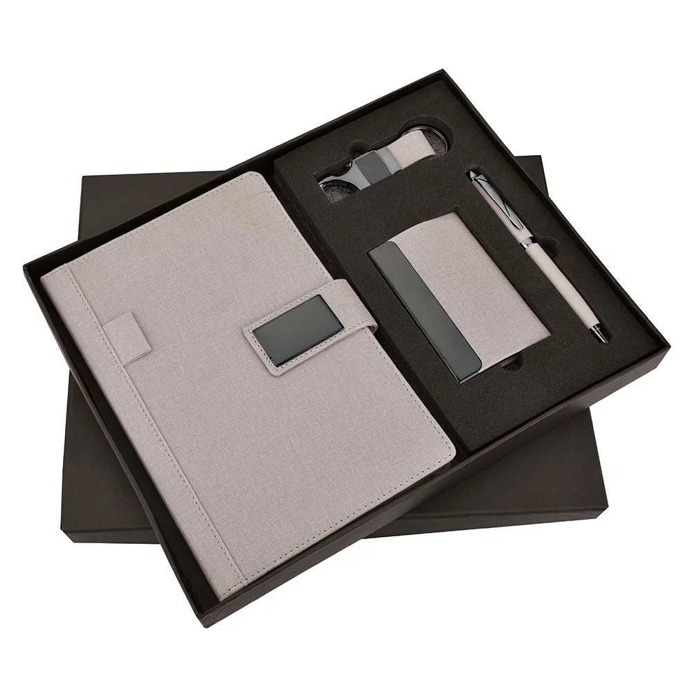 ee7ac9508caa2ce2820bfcc5dfd791cc.webp FTJ - Sr 164 - Grey Jute 4 in 1 Pen, Diary, Cardholder & Keychain - Image 1