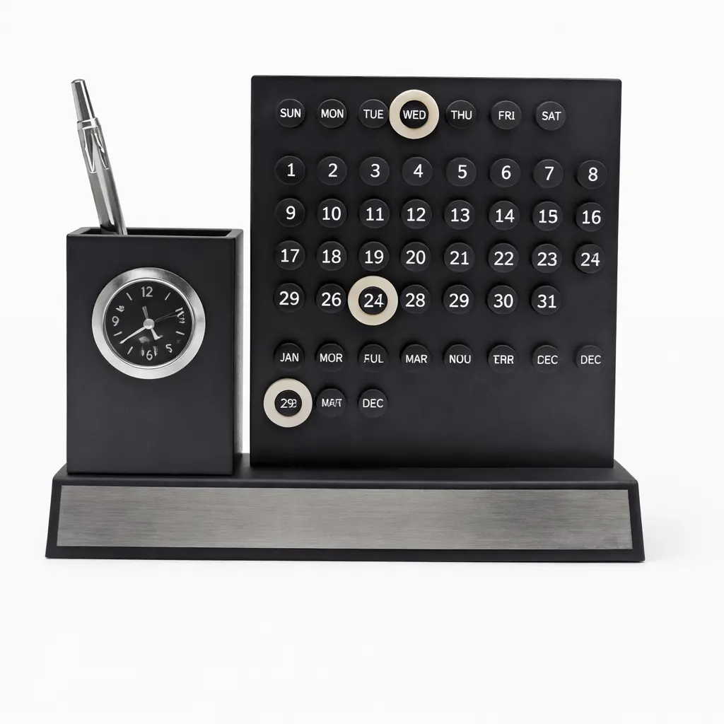 ff6a70046f48b74ddeccdfa300955662.webp Perpetual Calendar Desk Organizer with Clock & Pen Holder - Image 1